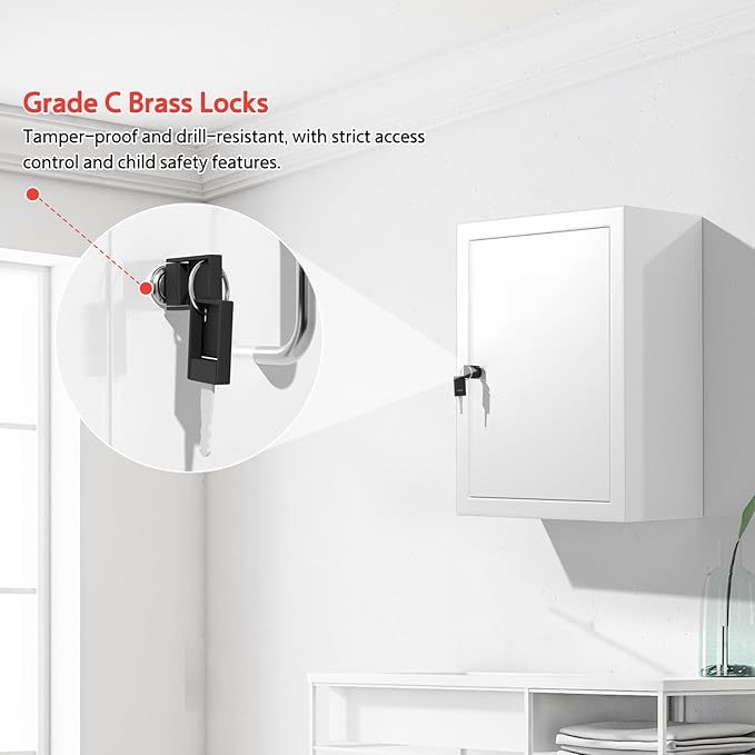 Locking Medicine Cabinet Wall-Mount: Storage Cabinet with Lock & Key - White Metal First Aid Kits for Family Safety and Childproofing