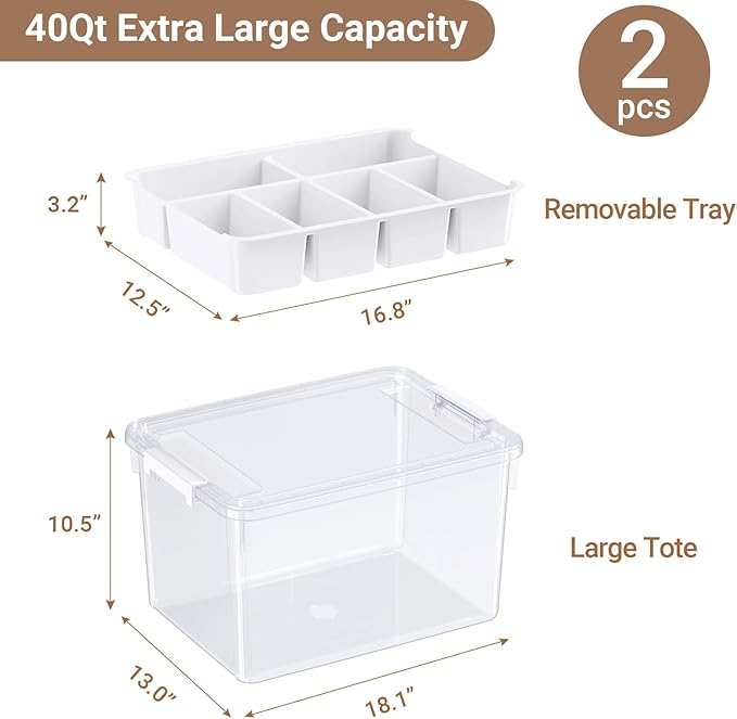 80Qt Large Stackable Storage Bins with Lids & Trays, Clear Plastic Latching Boxes Organizers with Dividers Portable 20Gal Containers for Arts & Crafts, Home and Car Trunk Organization, 2Pack