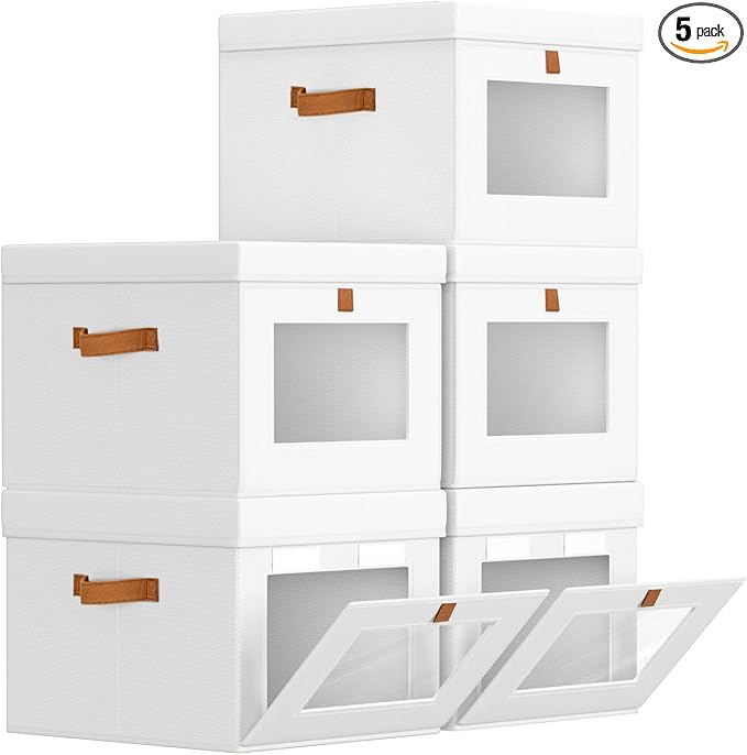 Storage Bins with Lid – Closet Organizer with Side Opening and Clear Window, Foldable Stackable Fabric Basket for Clothes, Home, Office - 13.77" x 11.8" x 9.8", 5 Pack, White