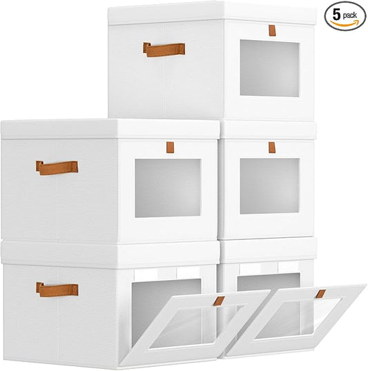 Storage Bins with Lid – Closet Organizer with Side Opening and Clear Window, Foldable Stackable Fabric Basket for Clothes, Home, Office - 13.77" x 11.8" x 9.8", 5 Pack, White