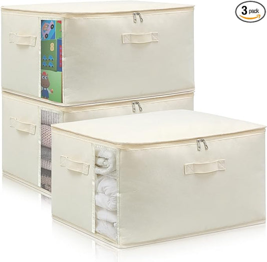 Canvas Comforters Bags Closet Organizers and Storage for Quilts Clothes Organization Containers Bins with Sturdy Zipper, Clear Window 75L for Sweaters Blankets Storage Bedroom Collapsible