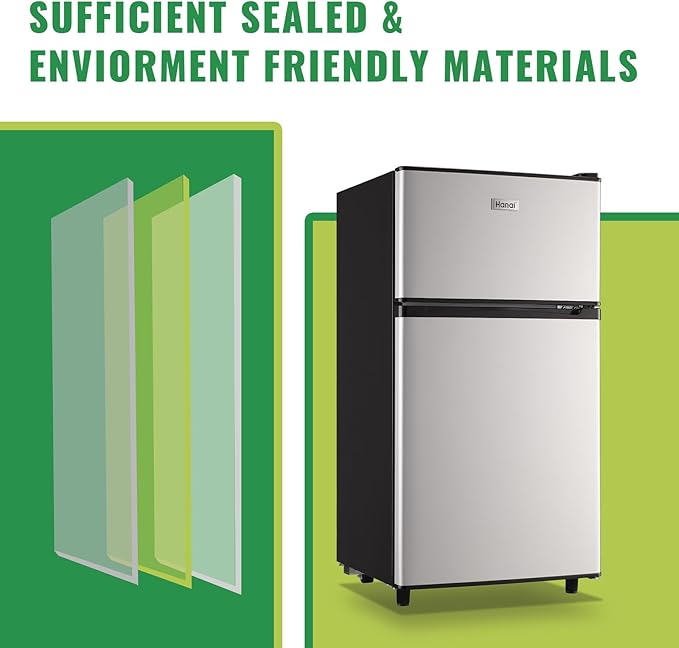 WANAI Mini Fridge with Freezer Two Doors Compact Refrigerator with 7 Setting Adjustable Thermostat Crisper Drawer & Removable Shelves Extra Drink Space Low Noise Freezer-on-Top Refrigerator, Silver