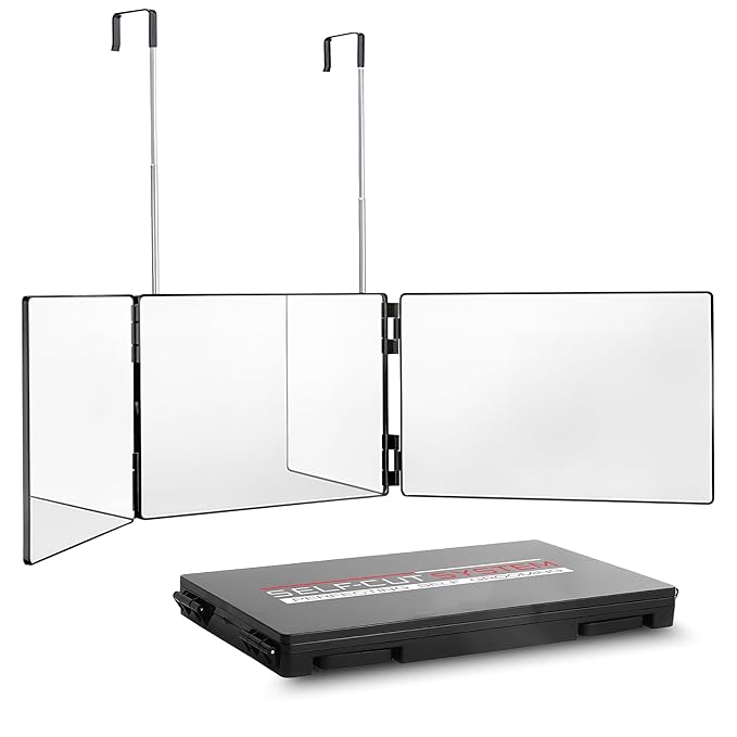 Self-Cut System 3 Way Barber Mirror with Height Adjustable Hooks, 360 Trifold Self Cut Mirror for Haircuts for Men and Women, Travel-Friendly, Three-Way Design for Easy Grooming & Styling
