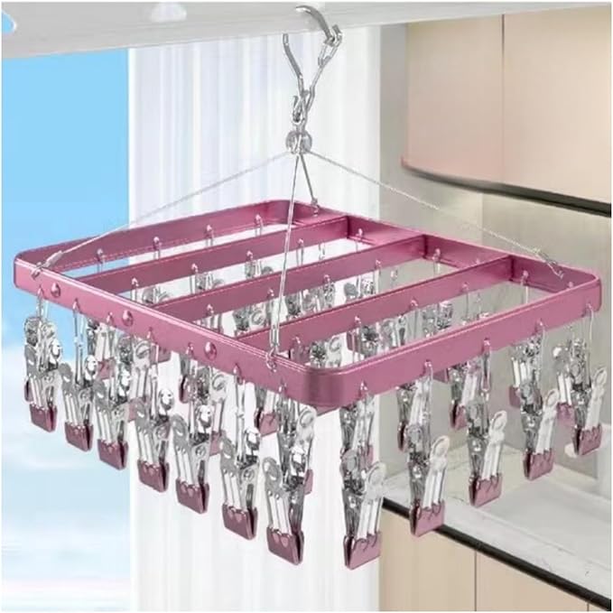 Clothes Drying Racks Clip Hangers Metal with 36 Clips Windproof Hook Underwear Hanger Foldable Laundry Clip for Socks Bras (Pink)