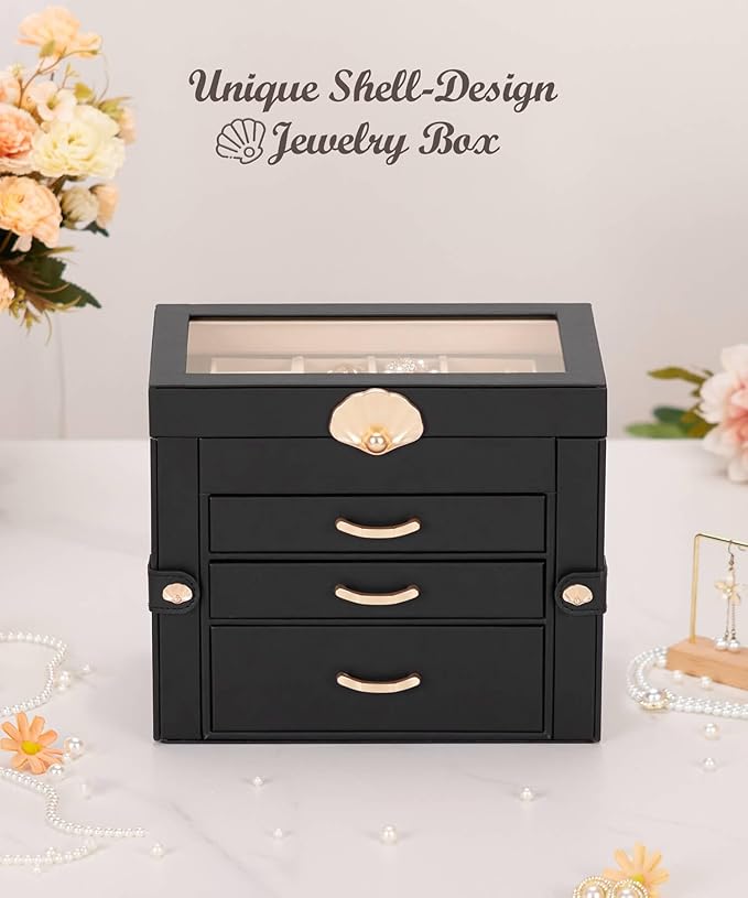 Jewelry Box with 3 Drawers: Display Organizer for Earrings Necklaces - Gifts for Girls Women (Black)