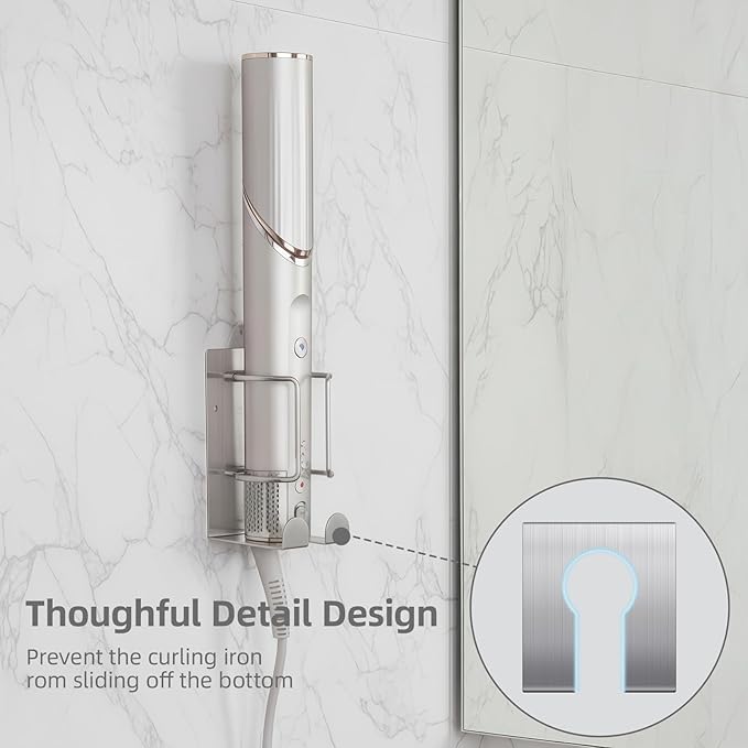 Curling Iron Holder, Stainless Steel Flat Iron Holder Wall Mount, Hair Straightener Holder for Bathroom Storage, Flat Iron Holder Wall Mount Space Saving Hair Tool Organizer Silver BANJEKT