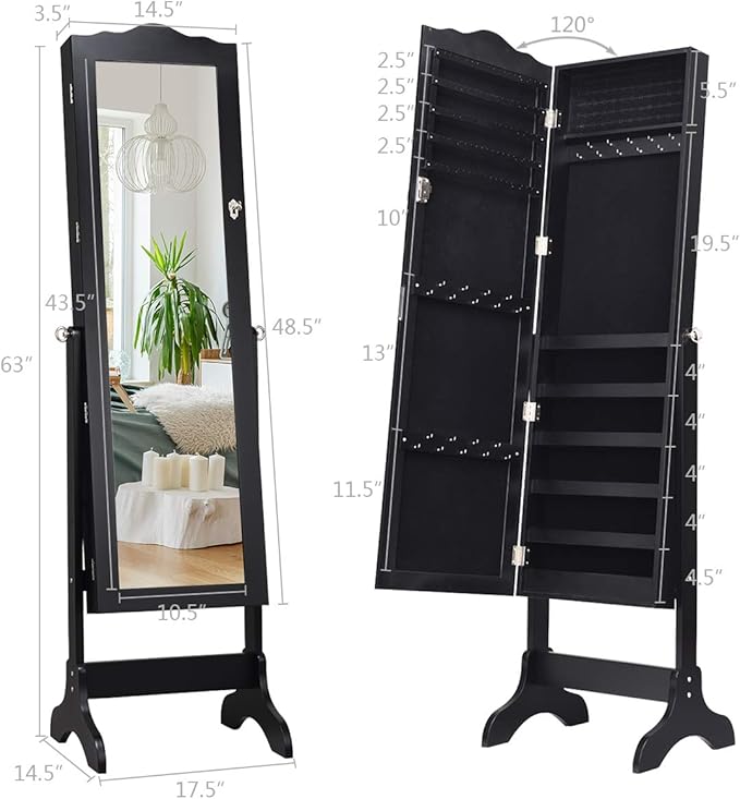 Giantex Jewelry Cabinet Armoire Lockable with Mirror, Standing Full Length Mirror with Jewelry Cabinet, 3 Adjustable Angles, Jewelry Organizer Storage Box Birthday Christmas Gifts (Black)
