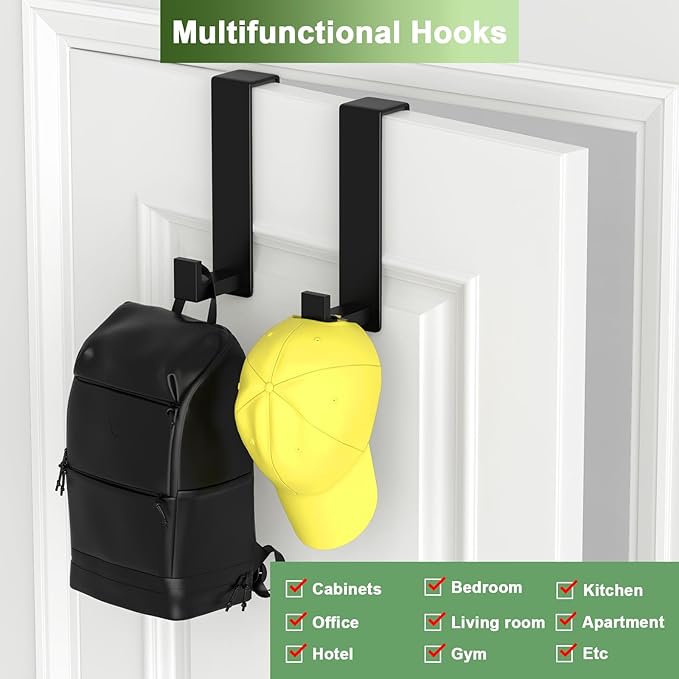 Over The Door Hooks, Door Hanger Hooks for Hanging Heavy Duty, Hat Organizer Coat Rack Towel Hooks for Bathroom, Door Rack for Bedroom Entryway Office (Black, 2 Pack, Fits 1-3/4" Thick Door)