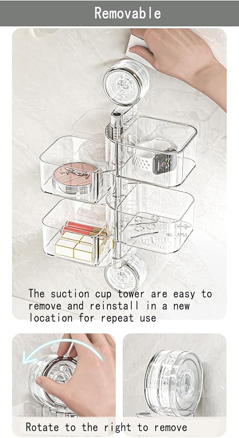 4-Layer Rotating Transparent Suction Cups Wall Mounted Organizer for Small Items,Bathroom Holder for Trinkets Hairpin Q-Tips mini beauty sponges (4-Tier-Clear, M)