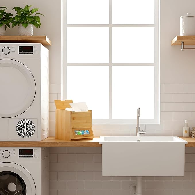 Bamboo Laundry Pods Container 10.6 x 8.3 x 6.9 Inch, 3 in 1 Multi Purpose Storage Organization Container for Laundry Pods, Facial Tissues, Disposable Gloves, Dryer Sheet Box