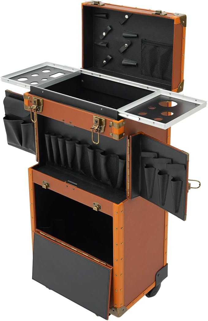 Rolling Hairdressing Case - Professional Makeup Train Case with Dual Password Locks, Cosmetic Organizer for Salon/Barber/Nail Artists (Coffee Color)