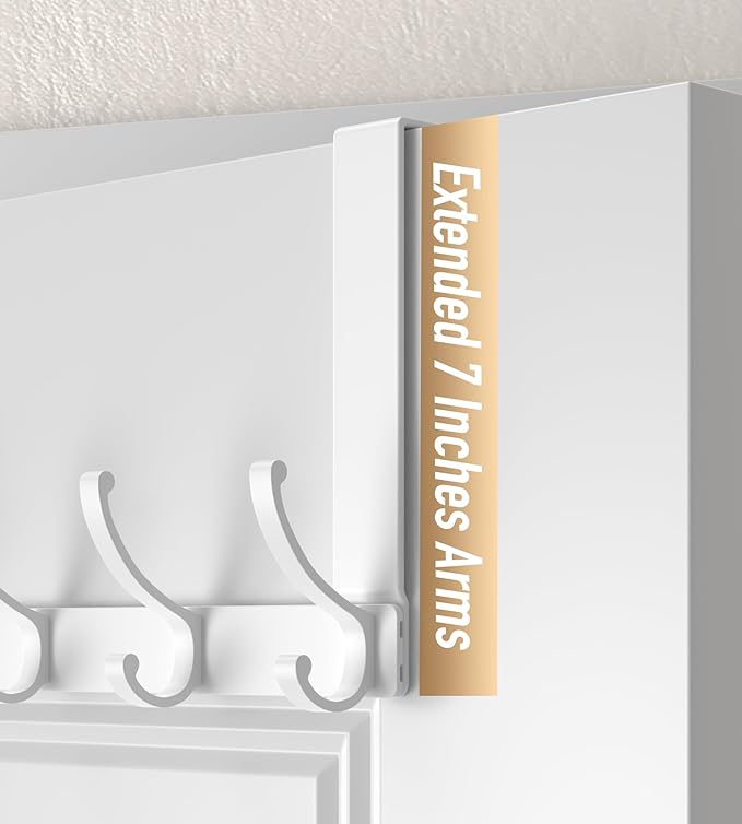 KitchLife Over The Door Hooks Hanger with 7 inches Extended Arms, Fits 1 3/8" Doors, F18U, Bathroom Towel Rack Organization, Thickened 6-Double Hook, Glossy White