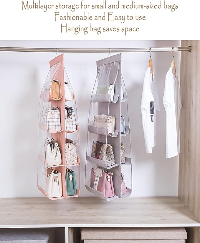 MURRI&MURRDI 1 Pack Hanging Handbag Organizer for Closet, Purse Storage Holder with 8 Easy Access Clear PVC Pockets, Purse Hanger for Wardrobe Space Saving Hanging Bags (Gray)