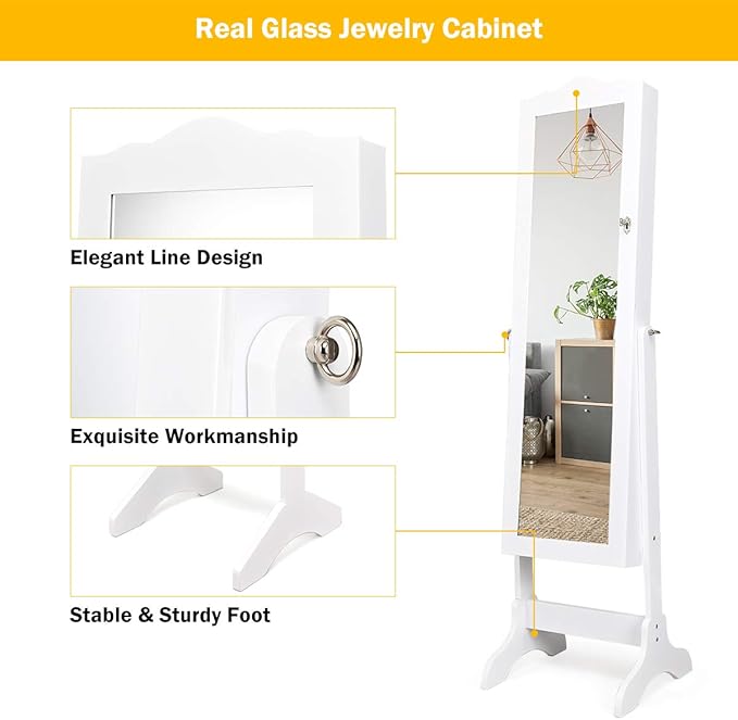 Giantex Jewelry Cabinet Armoire Lockable with Mirror, Standing Full Length Mirror with Jewelry Cabinet, 3 Adjustable Angles, Jewelry Organizer Storage Box Birthday Christmas Gifts (White)