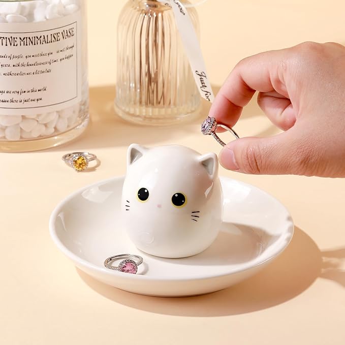 Cat Mom Gifts for Women, Kitty Cat Ring Holder for Jewelry, Jewelry Tray Dish Rings Bracelets Earrings Trinket Tray, Mother's Day Birthday Wedding Christmas Gifts