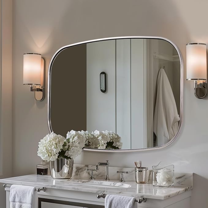 ANDY STAR Polished Chrome Oval Mirrors for Bathroom, 28x36 Inch Oblong Vanity Mirror, Non-Rusting SUS304 Metal Tube Frame, Wall-Mounted Vertically or Horizontally