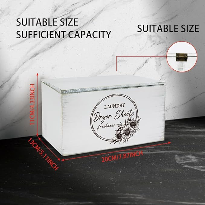 SUPERDANT Dryer Sheets Holder with Lid Rustic Dryer Sheet Dispenser Sunflower Dryer Sheets Lettering Laundry Sheet Container Fabric Softener Dispenser Box for Laundry Room Organization Storage White