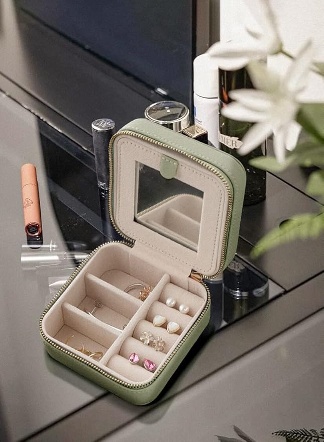 S.Leaf Travel Jewelry Organizer Boxes for Women Small Portable Necklace Earrings Bracelet Rings Travel Case Best Friend Birthday Gifts for Women Trendy (01_Lychee_Sage_Green)