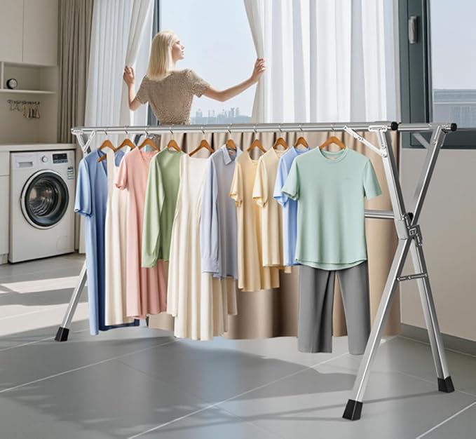 79 Inches Heavy - Duty Stainless Steel Folding Clothes Drying Rack Clothing Indoor Outdoor Anti-Rust 20 Windproof Hooks Portable & Foldable Laundry Rack (79'')