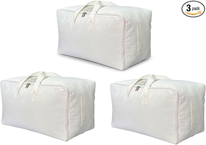 Soft Canvas Clothes Storage Bags with Four Carrying Handles and Clear Window, Closet Organizer for Clothing, Blankets Sheets Pillows and Bedding, 55L, 3 Pack, White