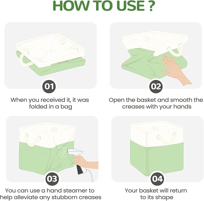 12 x 12 Inch Cube Storage Bins, 4 Pack Fabric Storage Basket with Handles, Foldable Boxes Organizer for Shelf Baskets for Home, Clothes (White/Green)