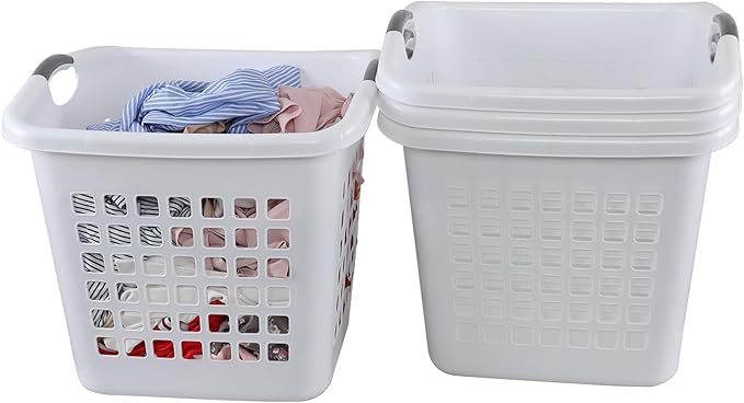4 Packs 66 L Large Plastic Laundry Basket with Handle, 2 Bushel Plastic Laundry Hamper, Clothes Basket, White