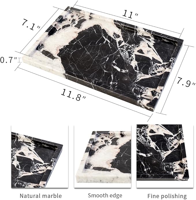 Real Luxurious Natural Marble Vanity Tray Genuine Marble Storage Tray for Home Decor Stone Tray for Bathroom/Kitchen/Vanity/Dresser,Plate Holder for Tissues, Candles, Towel
