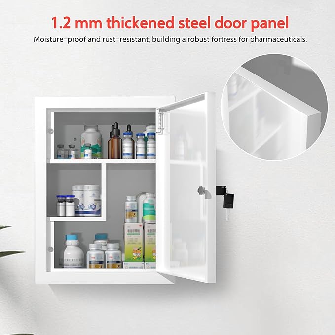 Locking Medicine Cabinet Wall-Mount: Storage Cabinet with Lock & Key - White Metal First Aid Kits for Family Safety and Childproofing