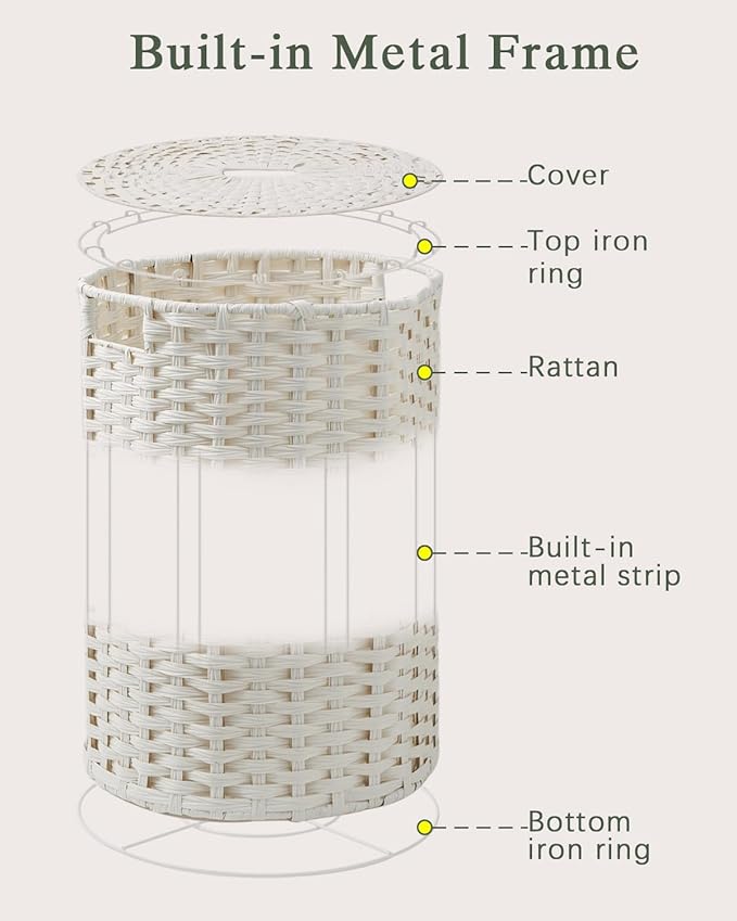 Laundry Hamper Laundry Basket Round 19.0 Gal (72 L) Handwoven Rattan Hamper, Large Wicker Laundry Hamper with Removable Laundry Bag Handles 2 Mesh Bags for Bedroom Living Room White (No Lid)