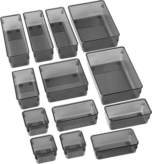 SMARTAKE 13-Piece Drawer Organizers with Non-Slip Silicone Pads, 5-Size Desk Drawer Organizer Trays Storage Tray for Makeup, Jewelries, Utensils in Bedroom Dresser, Office and Kitchen, Light Black
