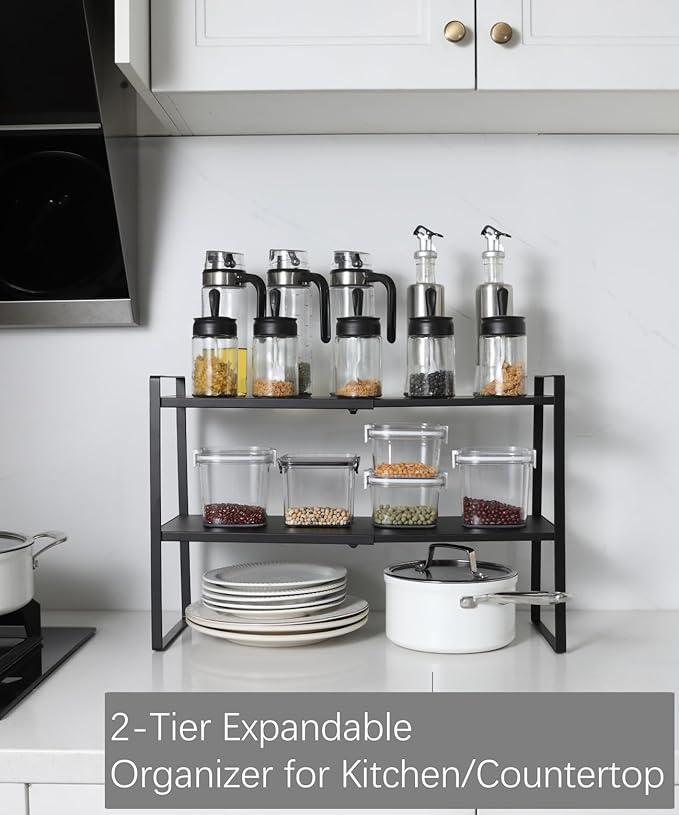 2-Tier Expandable Shelf Organizer for Kitchen Cabinet, Countertop, Pantry & Under-Sink Storage(Black)
