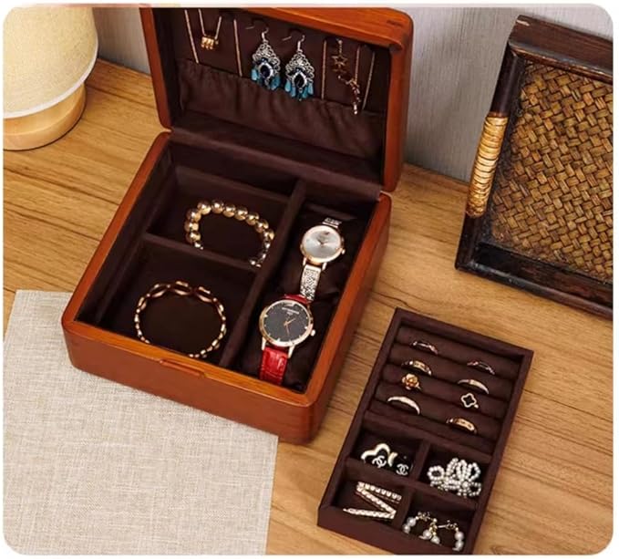 Bescott 2 Layer Solid Wooden Jewelry Box for Women Real Wood Vintage Jewelry Organizer Storage for Earrings Rings Necklaces Bracelet Watch Men