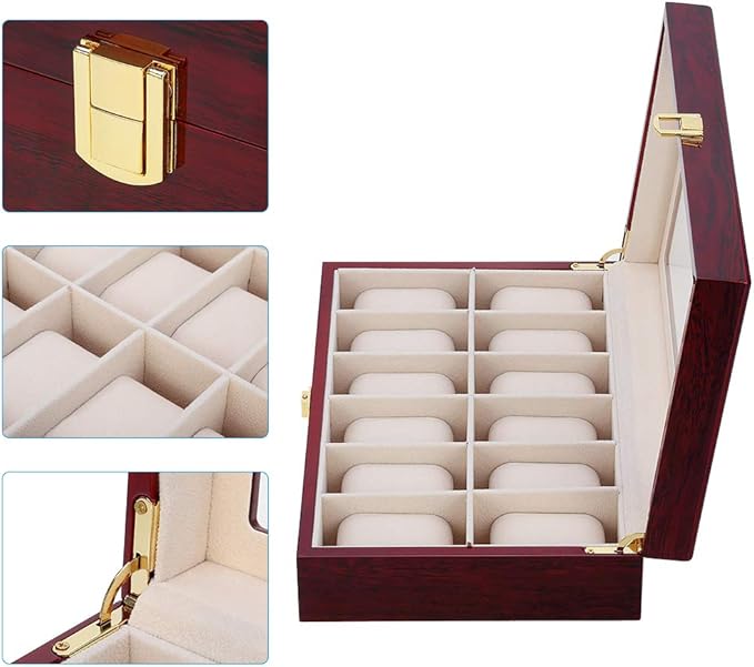 Uten Watch Box, 12 Slot Wooden Watch Case with Removable Watch Pillow, Metal Clasp Watch Display, Watch Box Organizer for men and women.