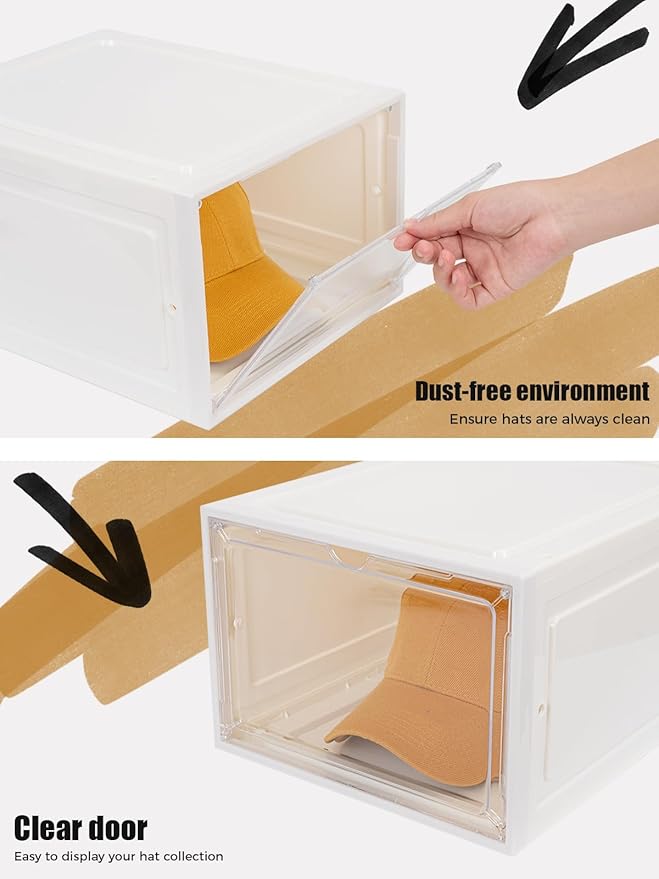 6 Pack Hat Organizer Box, Stackable Clear Baseball Caps Holder Box Containers with Magnetic Door for Hats Snapback Cap Storag, Hat Rack Display Case, Holds 8 Hats Each (White)