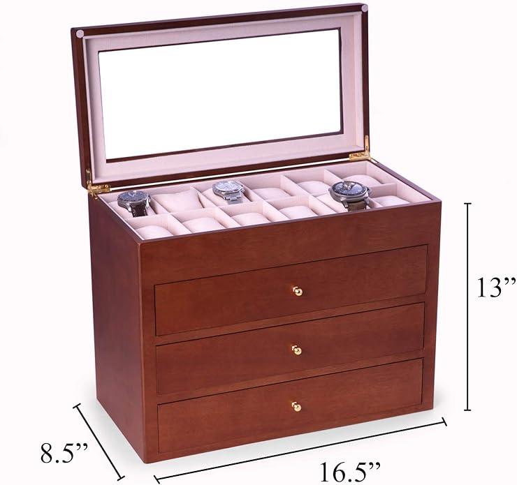 Bey-Berk Custom Personalized Watch Box Organizer - 48 Slot Luxury Solid Wood Designer Display, Large Watch Slots