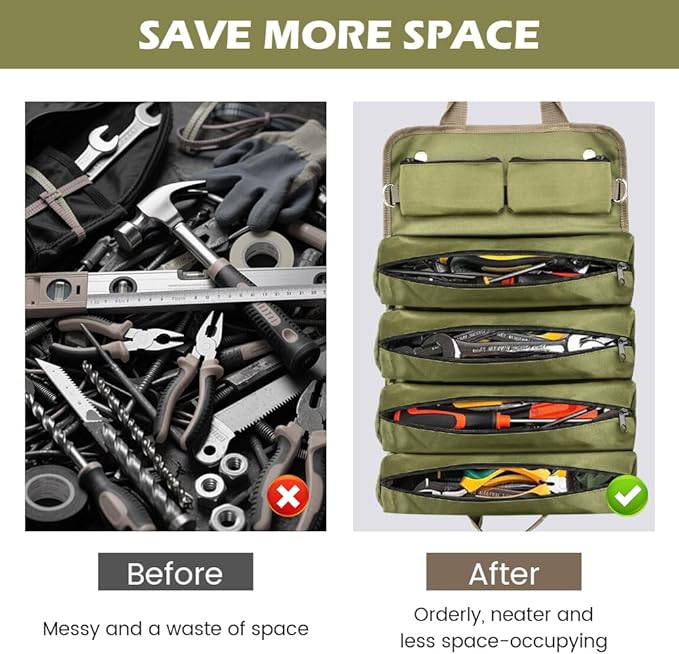 Roll-Up Tool Bag Heavy-Duty Waterproof - 4 Compartments & 2 Detachable Pouches | Compact Tool Organizer for Mechanics, RV & Motorcycle Storage, Handyman & Electricians (Green, Large)