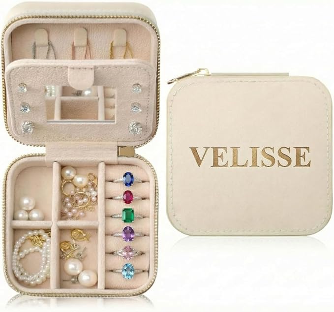 Velisse Travel Jewelry Case – Small Jewelry Travel Case Organizer, Jewelry Box Travel Case, PU Leather Jewelry Box for Rings, Earrings & Necklaces, Travel Organizer & Valentine’s Day Gifts for Her