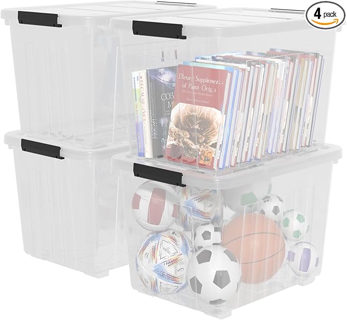 70 Quart Large Plastic Storage Box, Clear Latching Bin with Lid and Wheels, 4 Packs