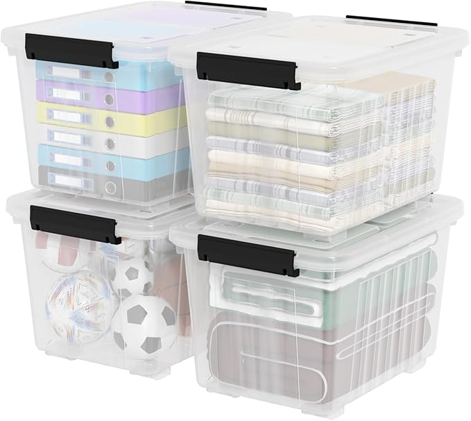 4-Pack 50 Quart Plastic Storage Bin Box Organizing Container with Lid and Secure Latching Buckles, Stackable Wheeled Box, Clear