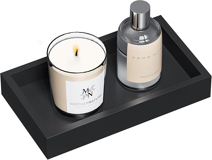 ZHWS Small Bathroom Vanity Tray for Countertop Makeup Perfume Decor Candle Jewelry, Small Kitchen Tray for Soap Dispenser Spice Sponge Holder Black Toilet Tray 7.9”L x 4.4”W x 1.14”H