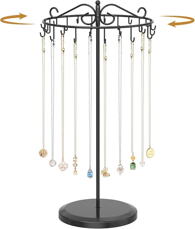 MODOWEY Necklace Holder Organizer Rotating Display, 24 Hooks Stand Adjustable Tree for Long Chain Storage, Tabletop Metal Hanger Rack for Men Women, No More Tangled Pendant Jewelry, Black