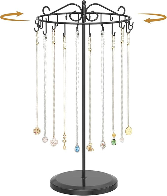 MODOWEY Necklace Holder Organizer Rotating Display, 24 Hooks Stand Adjustable Tree for Long Chain Storage, Tabletop Metal Hanger Rack for Men Women, No More Tangled Pendant Jewelry, Black