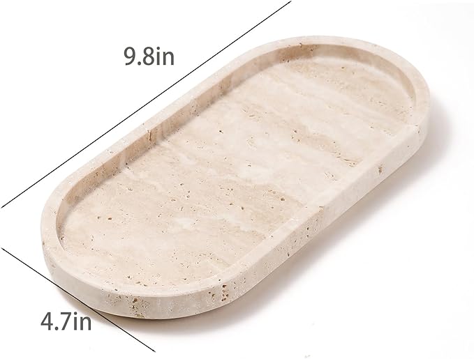 Natural Travertine Oval - 10x5 Inch Bathroom and Vanity Marble Small Tray for Soap Bottle, Perfume, Aromatherapy and Jewelry Accessories - Countertop Tray with Non-Slip Raised Base