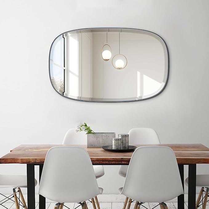 POZINO Oval Beveled Mirror Over Sink, 20"x30" Black Rectangle Mirror for Bathroom, Modern Oblong Vanity Wall Mirrors in Premium Stainless Steel Frame, Wall Mount Hangs Horizontal Or Vertical