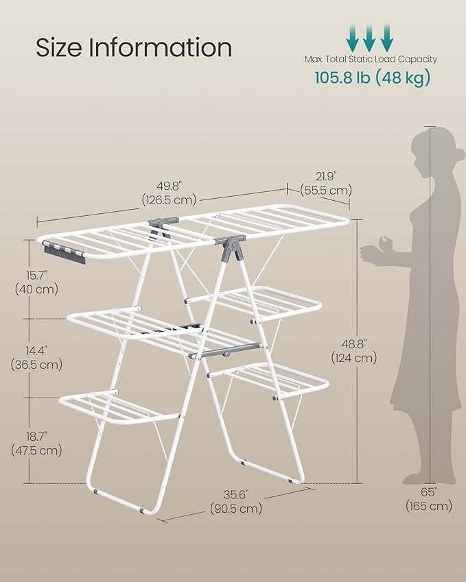 SONGMICS Clothes Drying Rack, Foldable 3-Level Laundry Rack, Free-Standing Large Drying Rack, with Height-Adjustable Wings, 39 Drying Rails, Sock Clips, White and Gray ULLR054W01
