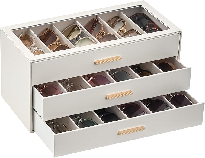 Lolalet Beige Sunglasses Storage Box for Women, Eyewear Eye Glass Organizer with Clear Top Lid Display Holder Case