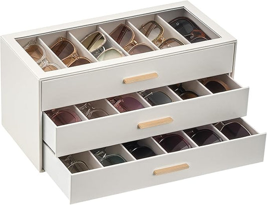 Lolalet Beige Sunglasses Storage Box for Women, Eyewear Eye Glass Organizer with Clear Top Lid Display Holder Case