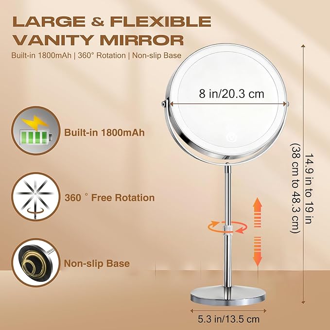 Rechargeable LED Makeup Mirror with Lights, 10X Magnifying Mirror, Touch Control 3 Color Modes, 360° Rotation & Height Adjustable Make Up Mirror with Lights