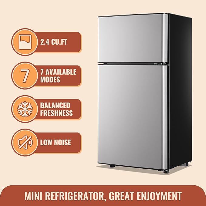 2.4 Cu.ft Mini Fridge with Double Doors Silver Small Refrigerator with Separate Freezer & 7 Adjustable Temperature Control, Tiny Size & Personal Fridge Ideal for Office Apartment Dorm