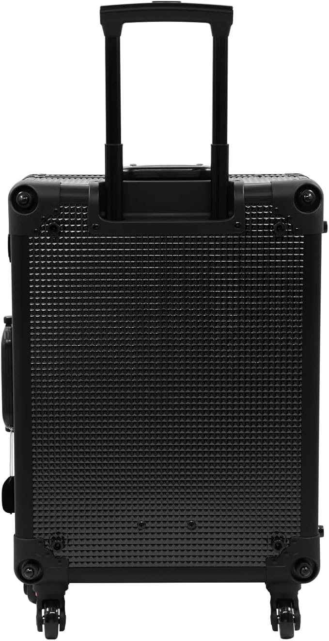 Aluminum Trolley Makeup Train Case with LED Lights Professional Cosmetic Organizer Studio with Speaker, Wheels and Stands Rolling Lighted Makeup Vanity Station for Travel (Black)